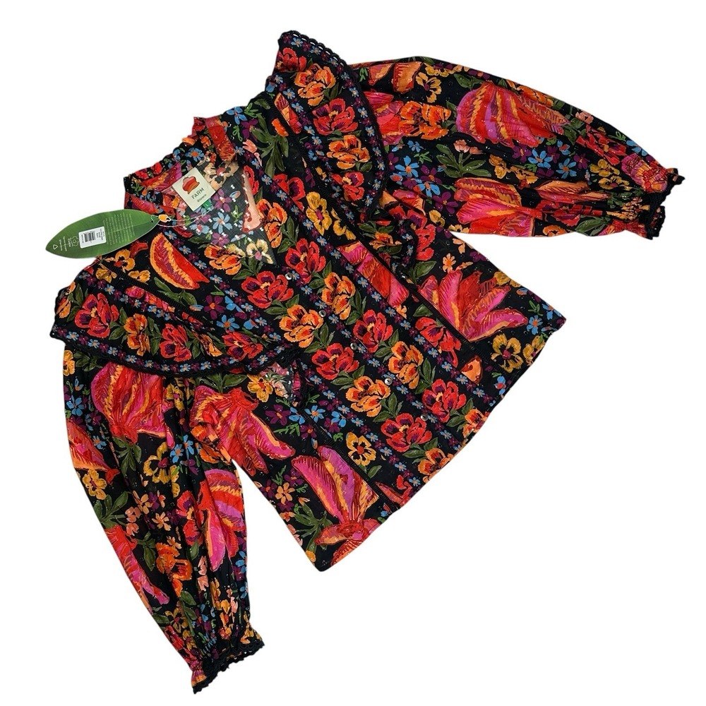 NWT FARM RIO Black Spring Bananas Floral Blouse Balloon Sleeve Women L Multi Red